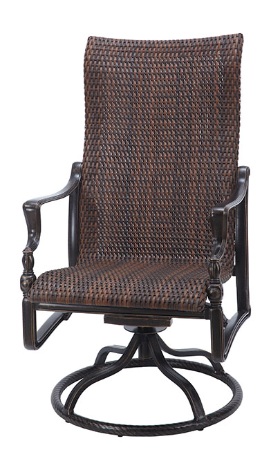 An elegant Gensun Bel Air swivel chair with a dark, woven back and seat, featuring sleek black armrests and a circular base, isolated against a white background.