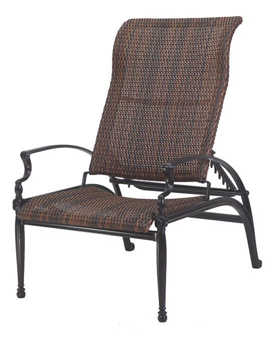 A brown wicker Gensun Bel Air reclining chair with a high back and armrests, set on a dark metal frame, isolated on a white background.