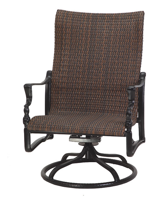 A Gensun Bel Air swivel patio chair with wicker seat and back, and black metal armrests and base, isolated on a white background.