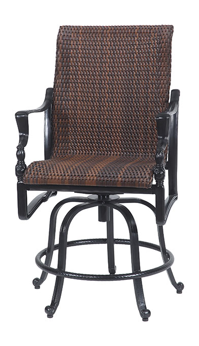 A traditional Gensun Bel Air swivel bar chair with a black metal frame and woven brown rattan seat and backrest, featuring ornate armrests and supporting footrest.