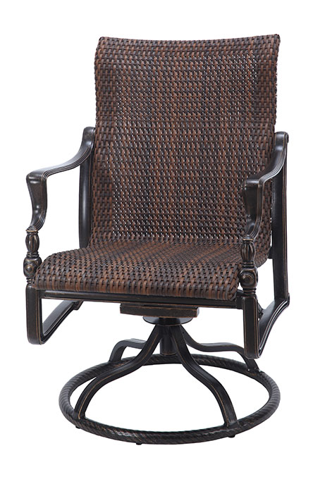 A sleek, dark-toned Gensun Bel Air swivel armchair with a woven back and seat, featuring metal armrests and a circular base. The chair combines modern and traditional design elements