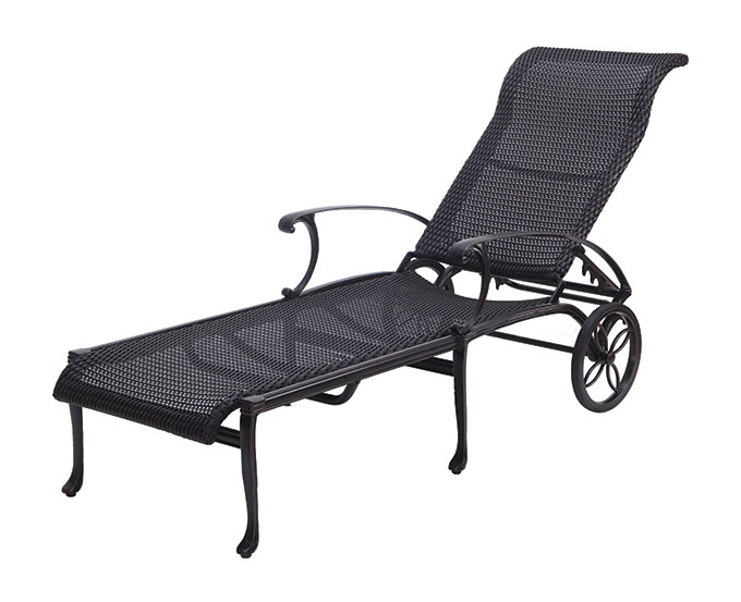 Gensun Michigan black metal outdoor chaise lounge with a mesh design and wheels on a white background.