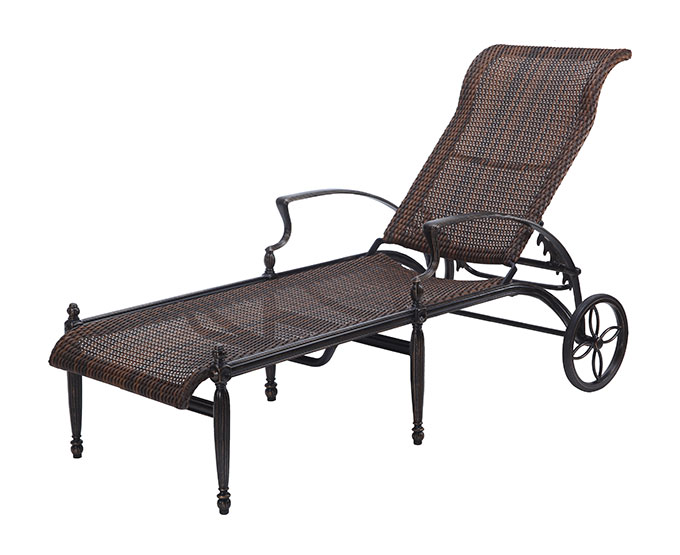 A Gensun Bel Air wicker chaise lounge with a dark metal frame and wheels on a white background.