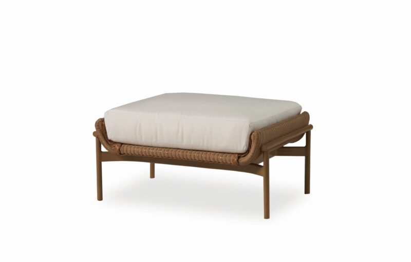 A modern outdoor ottoman with a dark wooden frame and thick, white cushion, set against a plain, light background.