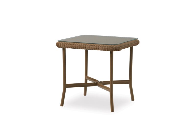 A modern side table featuring a wooden frame with a woven rattan border and a rectangular glass tabletop, set against a plain white background.