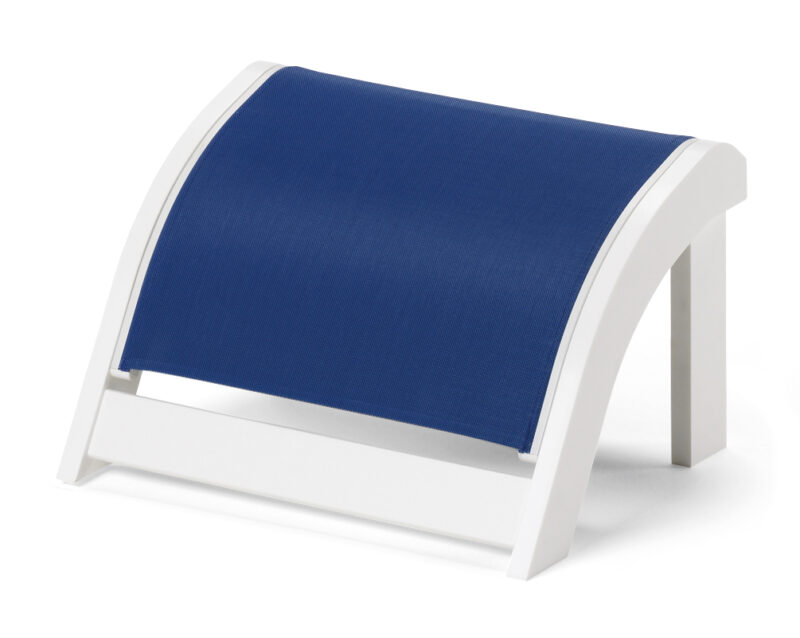 A modern blue and white curved footrest isolated on a white background.