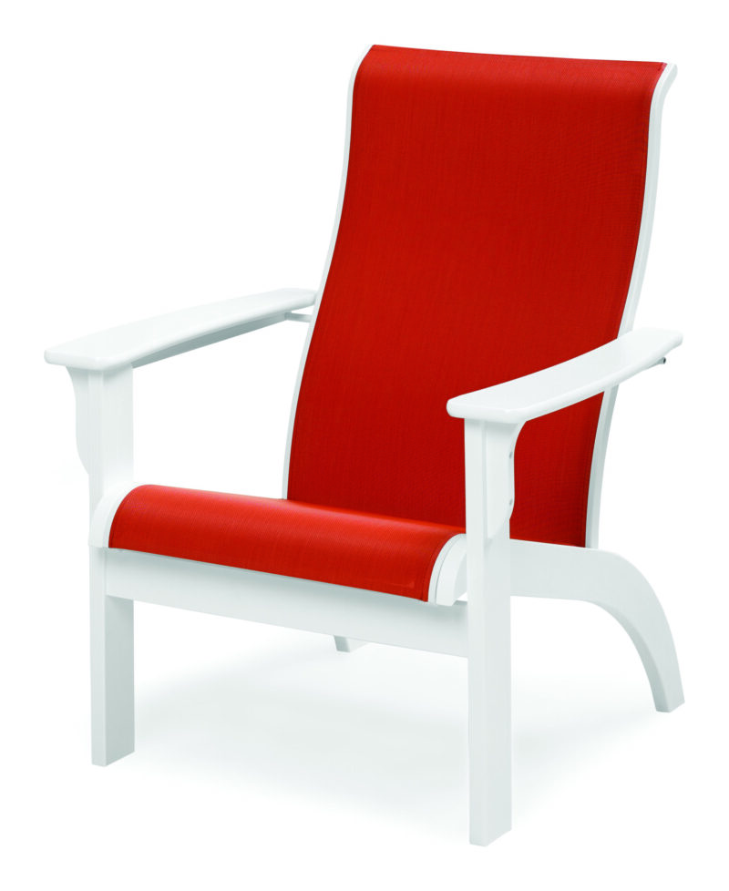 A modern outdoor chair featuring a white frame with bold red cushions on both the seat and the high backrest, isolated on a white background.