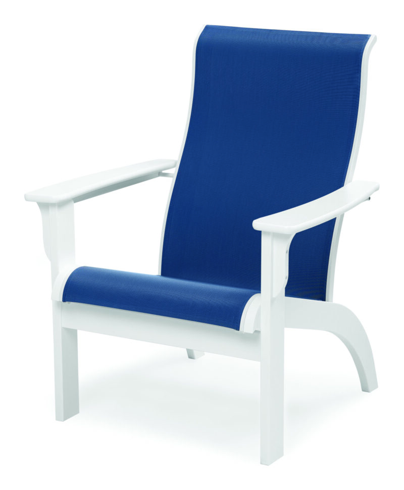 A modern white and blue outdoor chair with armrests and a high backrest, featuring a bold blue fabric seat and back on a sleek white frame.