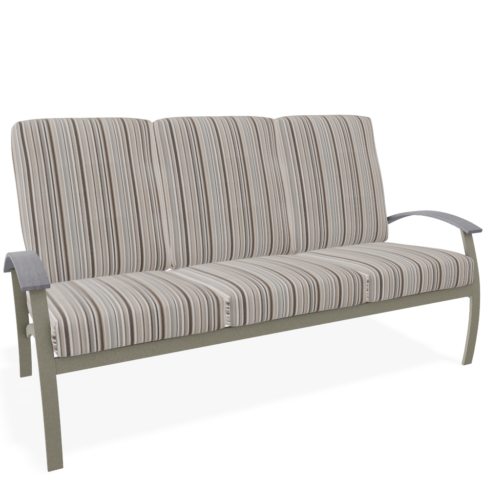 A modern three-seater Belle Isle sofa with gray and white vertical stripes and gray armrests on a white background.
