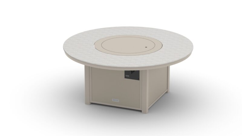 A round beige outdoor table with a central fire pit cover on a white background. The table features a modern design with a lower shelf and a visible logo on the side.