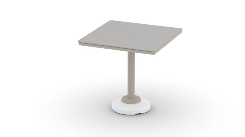 A modern, minimalist white adjustable-height standing desk with a square top and a rounded base, set against a plain, light background.