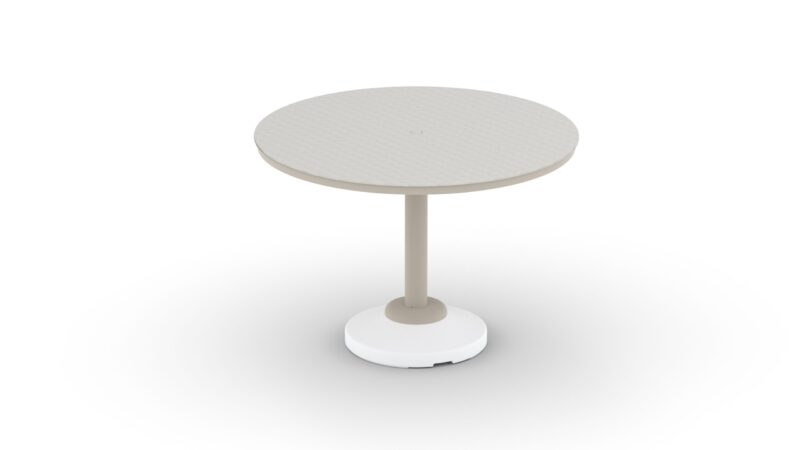 A simple round table with a light beige tabletop and a single central pedestal base, set against a plain white background.