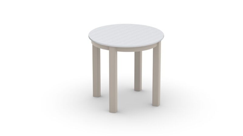 A simple, round, wooden table with four legs, isolated on a white background. the table is light beige with a subtle, textured surface on the top.