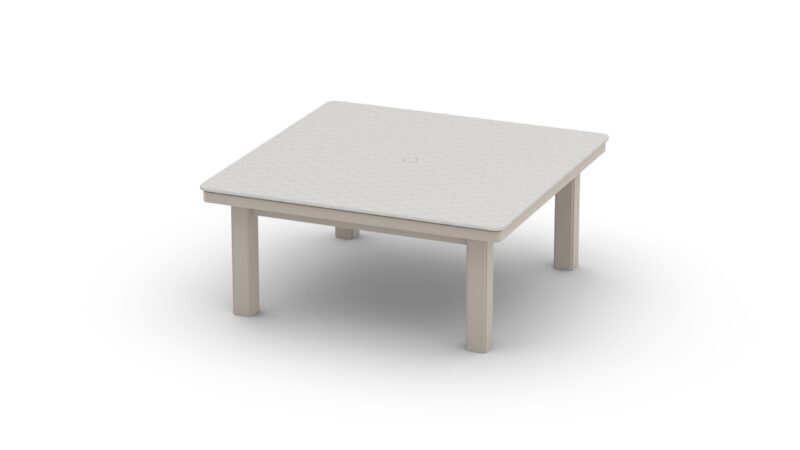 A simple, modern beige square table with short legs, displaying a textured surface, set against a plain white background.