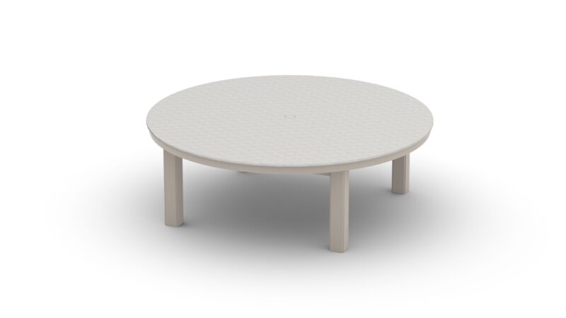 A simple, modern, round light beige coffee table on a plain white background. the table features a subtle textured surface and four short legs.