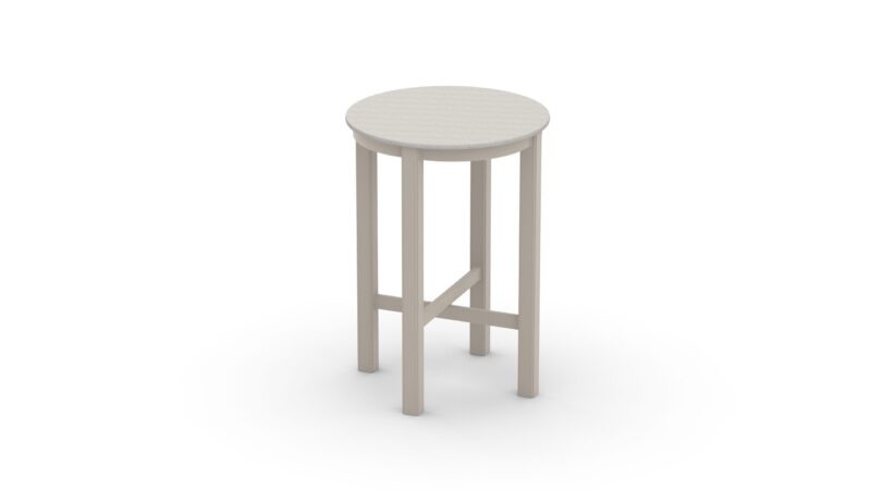 A simple round, beige-colored stool with four slender legs, isolated on a white background.