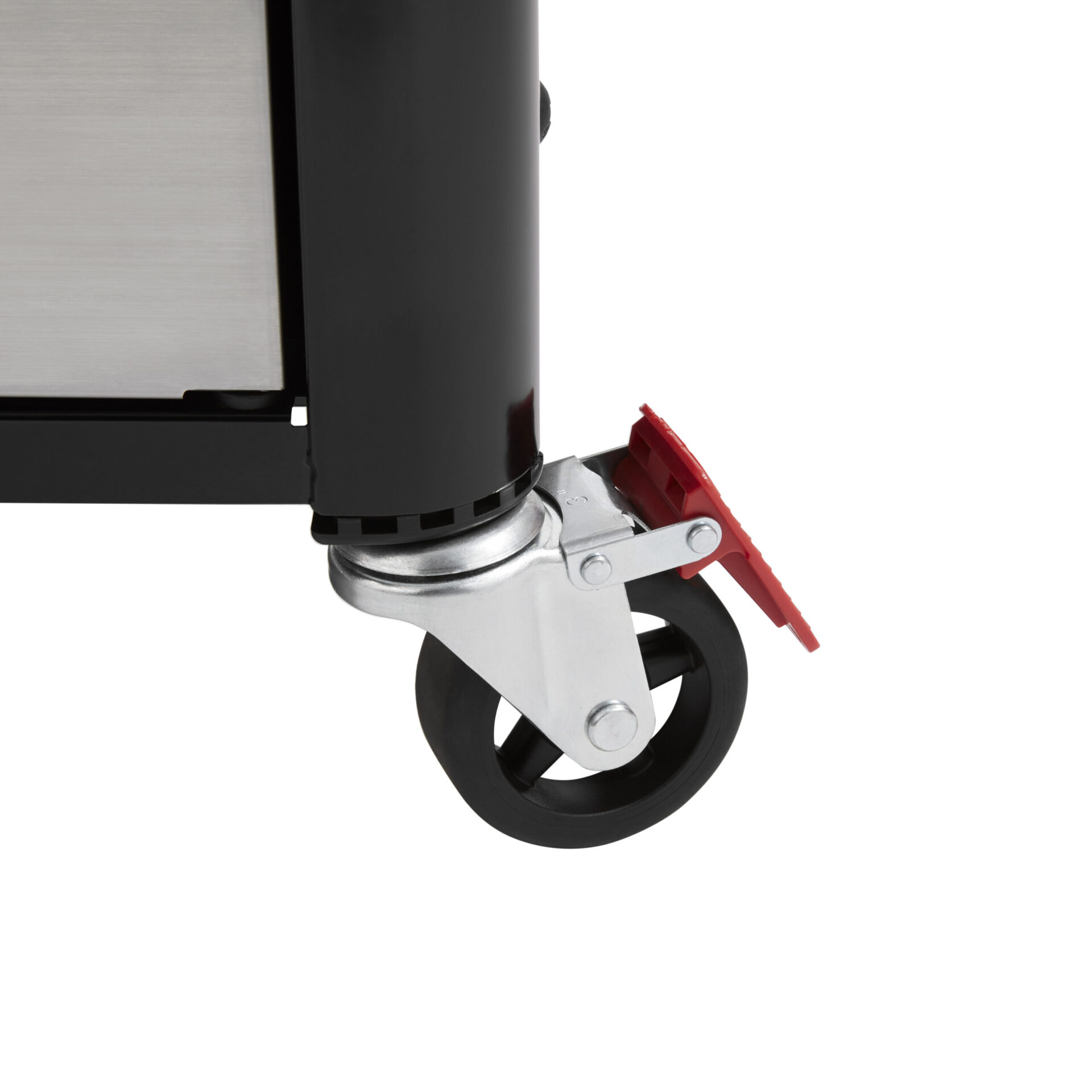 Close-up view of a caster wheel attached to the base of a Weber Genesis S-435 grill, featuring a locking mechanism. The wheel is black, and the surrounding hardware is silver-colored.
