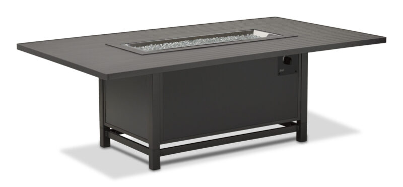 An aluminum slat top fire pit table with a glass wind guard and a hidden tank compartment, set against a white background.