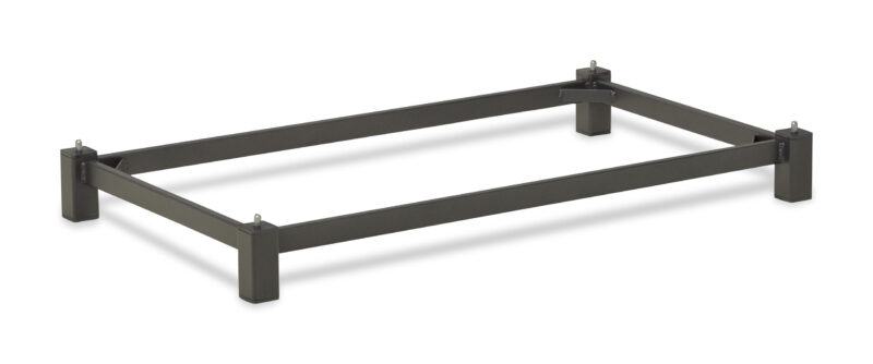 A simple metal bed frame with a rectangular base and four legs, displayed against a white background. The frame is made of sturdy, dark gray aluminum.