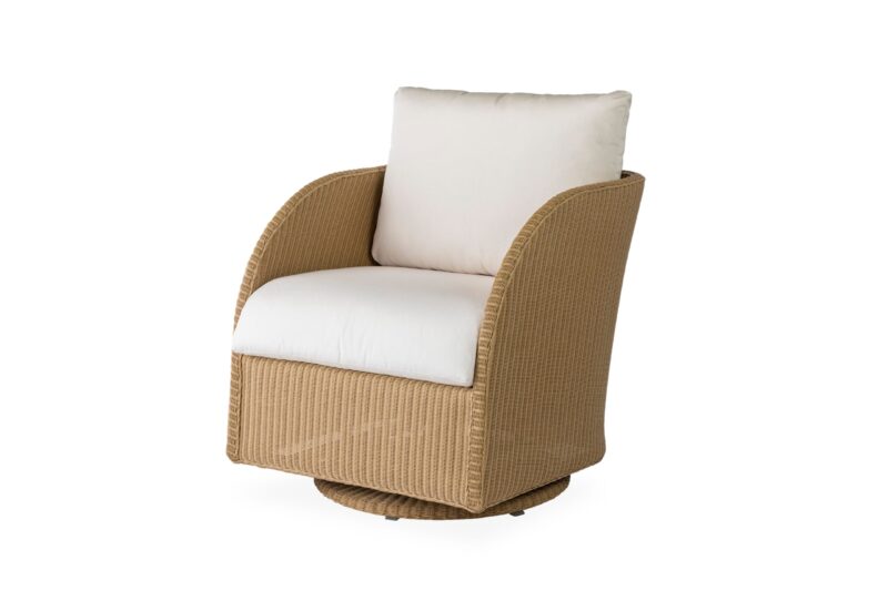 A modern swivel armchair with a beige woven frame and plush white cushions, isolated on a white background.