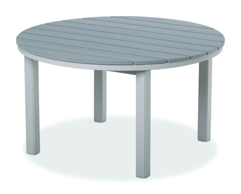 A round, light gray polymer table with a slatted top and four sturdy legs, isolated on a white background.