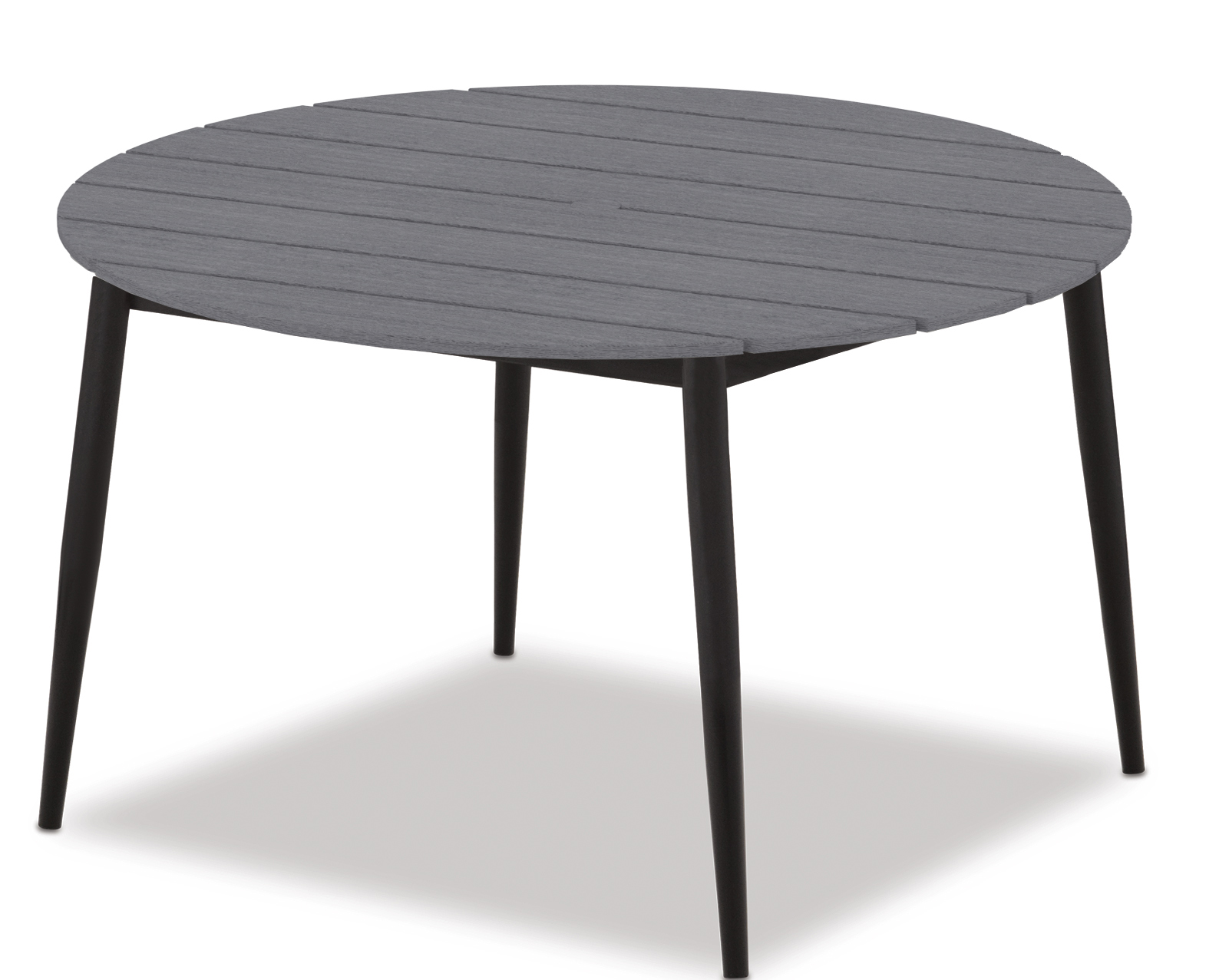 A modern round dark gray table with a rustic polymer top and four black metal legs, isolated on a white background.