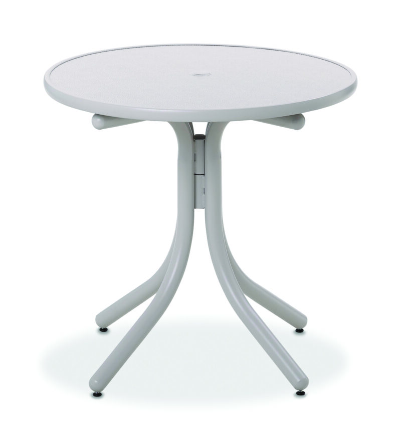 A modern, round table with three metal legs and a sleek, light gray surface, isolated on a white background.
