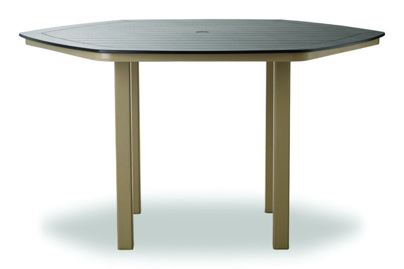 A modern, hexagonal table with a gray slatted surface and beige metal legs, isolated on a white background.