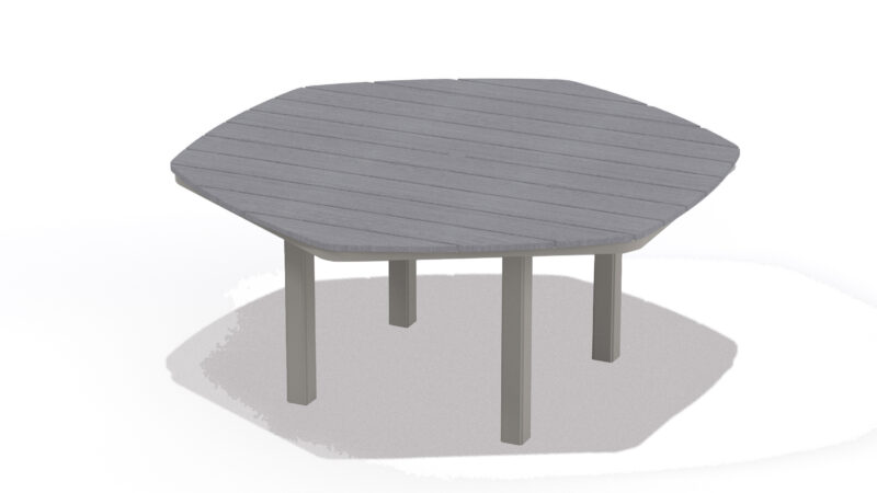A 3D rendering of a simple, gray oval-shaped table with a rustic polymer top and four legs, displayed on a plain white background with a subtle shadow beneath.