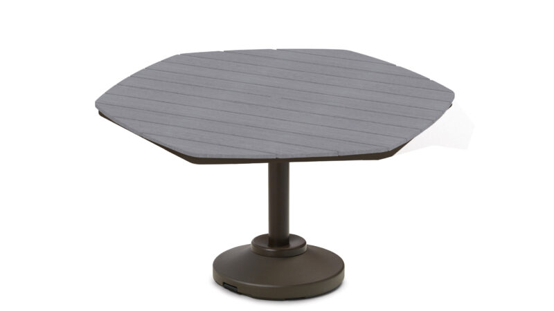 A modern, octagonal outdoor table with a rustic dark gray polymer top and a sturdy round base, shown against a plain white background.