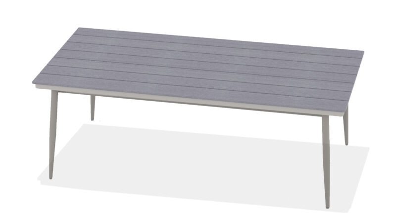 A minimalist gray outdoor bench with a rustic polymer top and white metal legs, displayed against a plain, light background.
