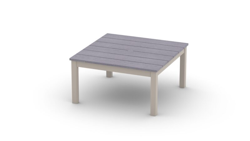 A simple, modern gray outdoor coffee table with a rustic polymer top and beige legs, displayed on a plain white background.