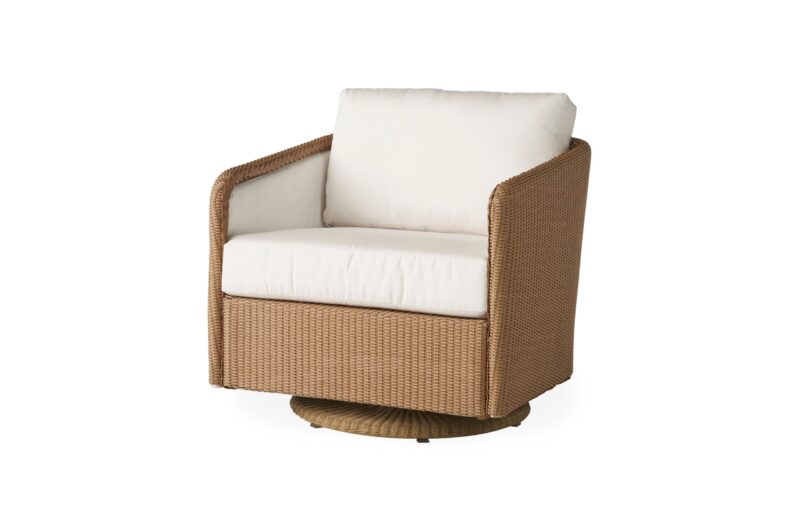 A modern swivel chair with a woven brown frame and white cushions, isolated on a white background.