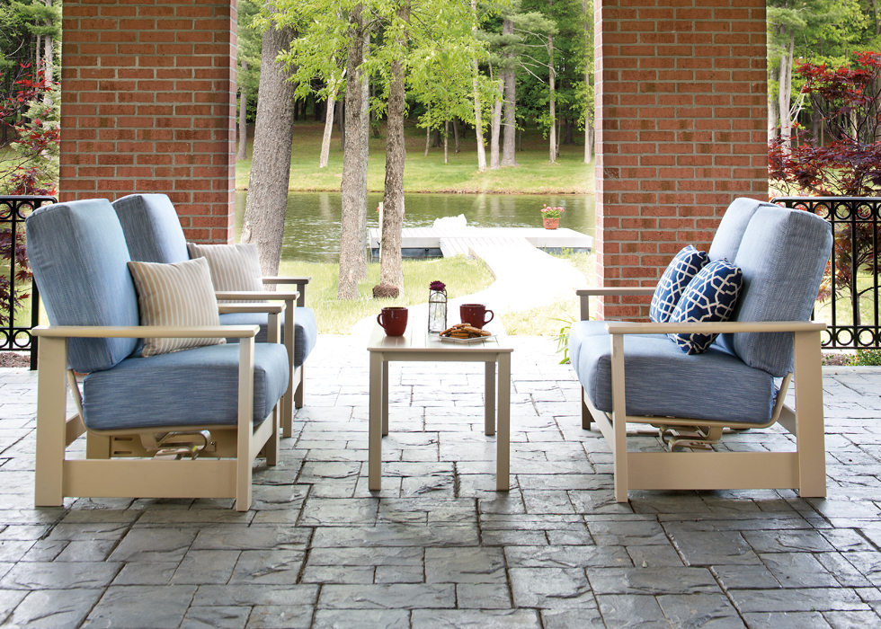 light blue cushioned patio furniture collection from Leeward MGP Collection by Telescope Casual