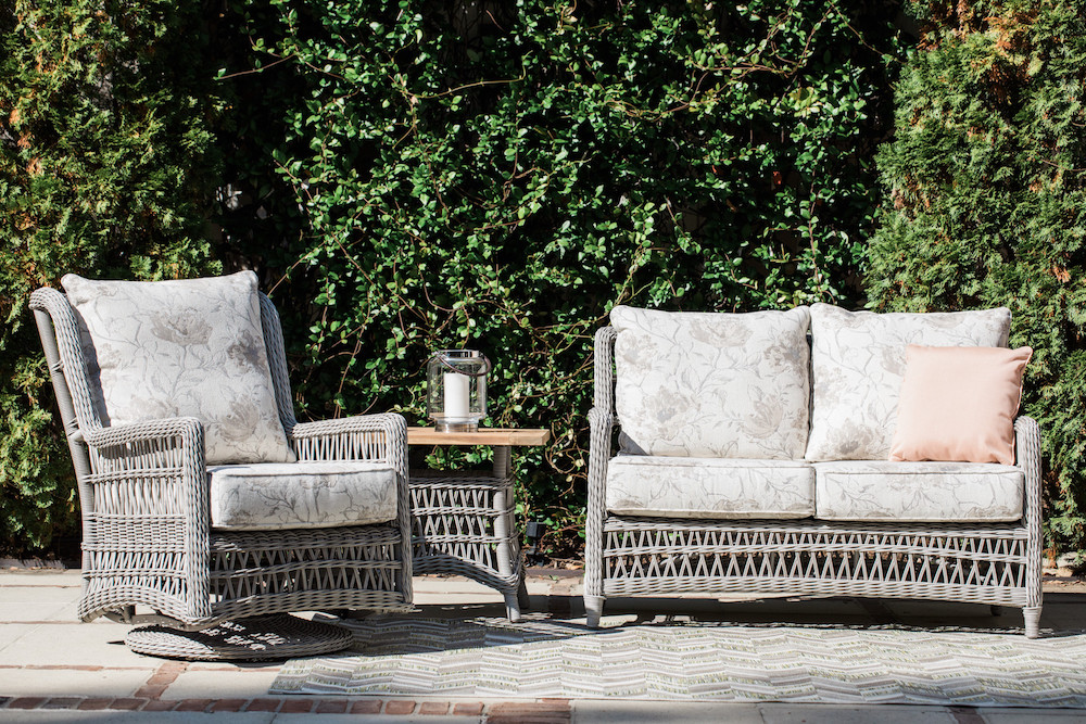 Light gray patio lounge set for a colonial home from the Mackinac Collection by Lloyd Flanders 