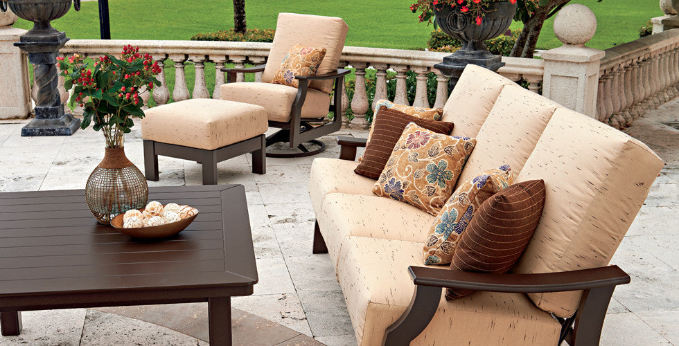 beige cushioned patio lounge set from the St. Catherine MGP Collection by Telescope Casual