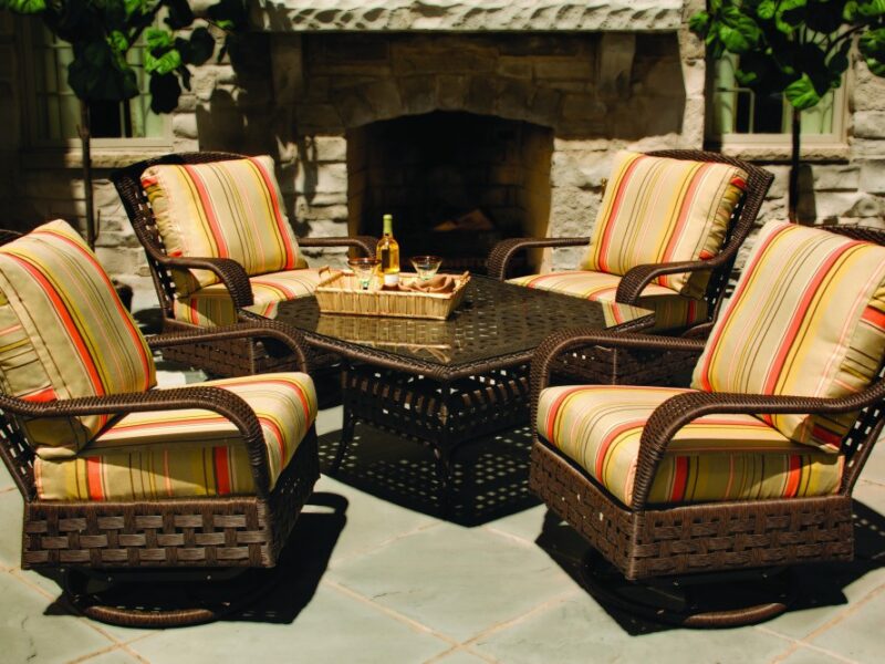 : dark brown Lloyd Flanders wicker patio furniture set for colonial homes from Haven collection
