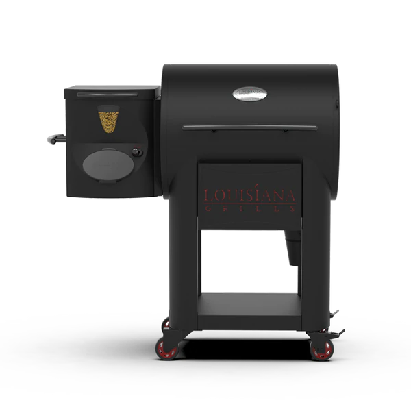 A louisiana grills brand pellet grill with a black finish, featuring a side hopper and set on wheels.
