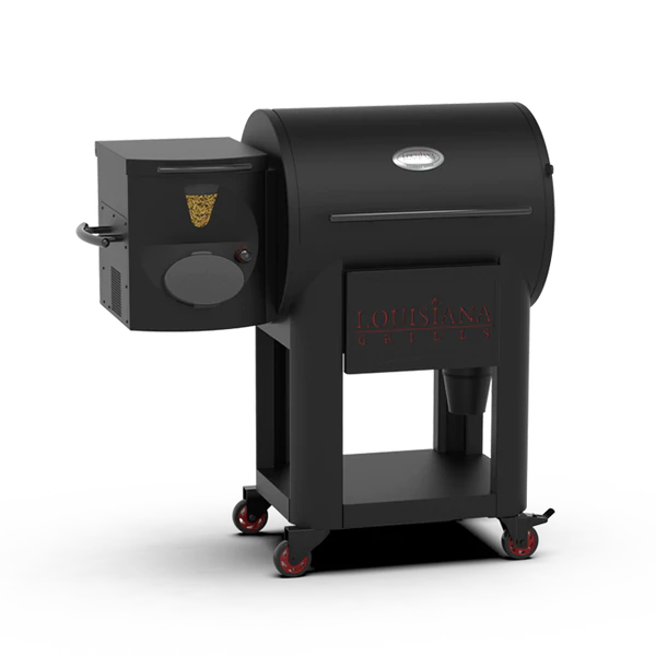 A modern black Louisiana Pellet Grill with a visible hopper on the side, set against a plain white background. The grill features sturdy red wheels and a branded logo.