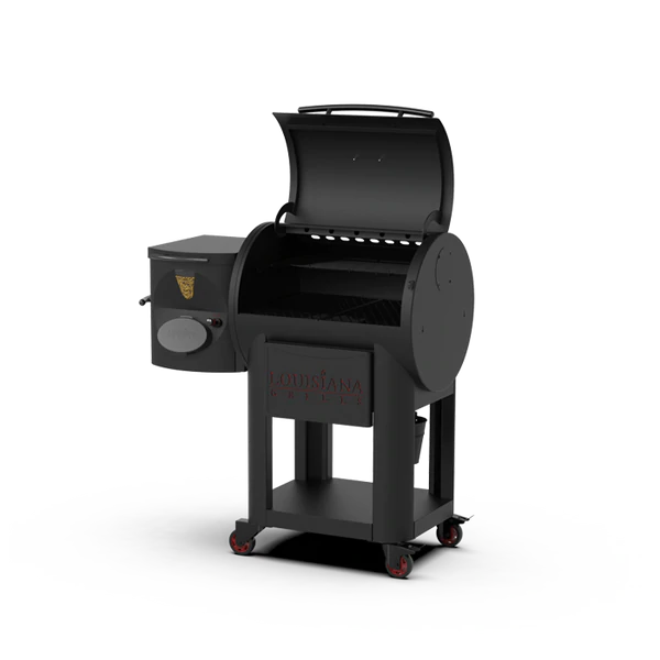 A large black Louisiana Pellet Grill with a closed lid, featuring a prominent brand logo, mounted on a cart with wheels. The grill includes a side smoker attachment and digital control panel.