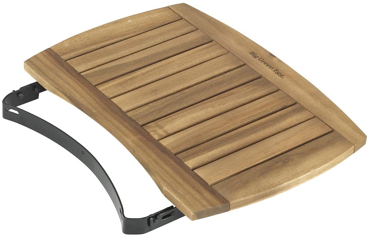 Wooden shower bench with a slatted design and metal brackets, angled slightly, isolated on a white background, includes a Large Big Green Egg Package.
