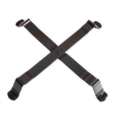 A black x-shaped bracket with four extending arms, each tipped with a rounded, rubberized foot designed for the Big Green Egg, on a white background.
