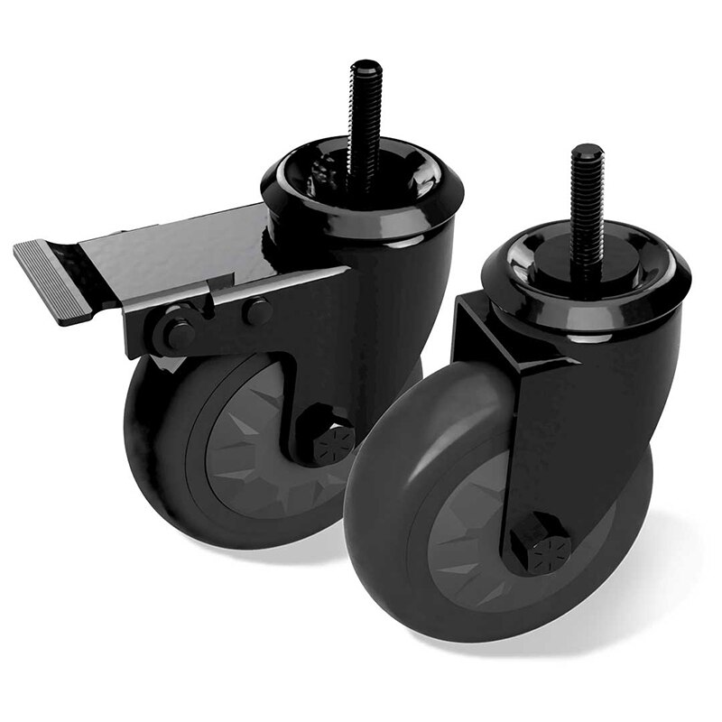 Two black caster wheels designed for Big Green Egg, with mounting plates and brake mechanisms, isolated on a white background.