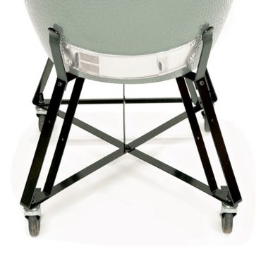 Close-up of the base of a drum stool showing a durable, metal collapsible stand with black cross braces and wheels for mobility near The Big Green Egg.