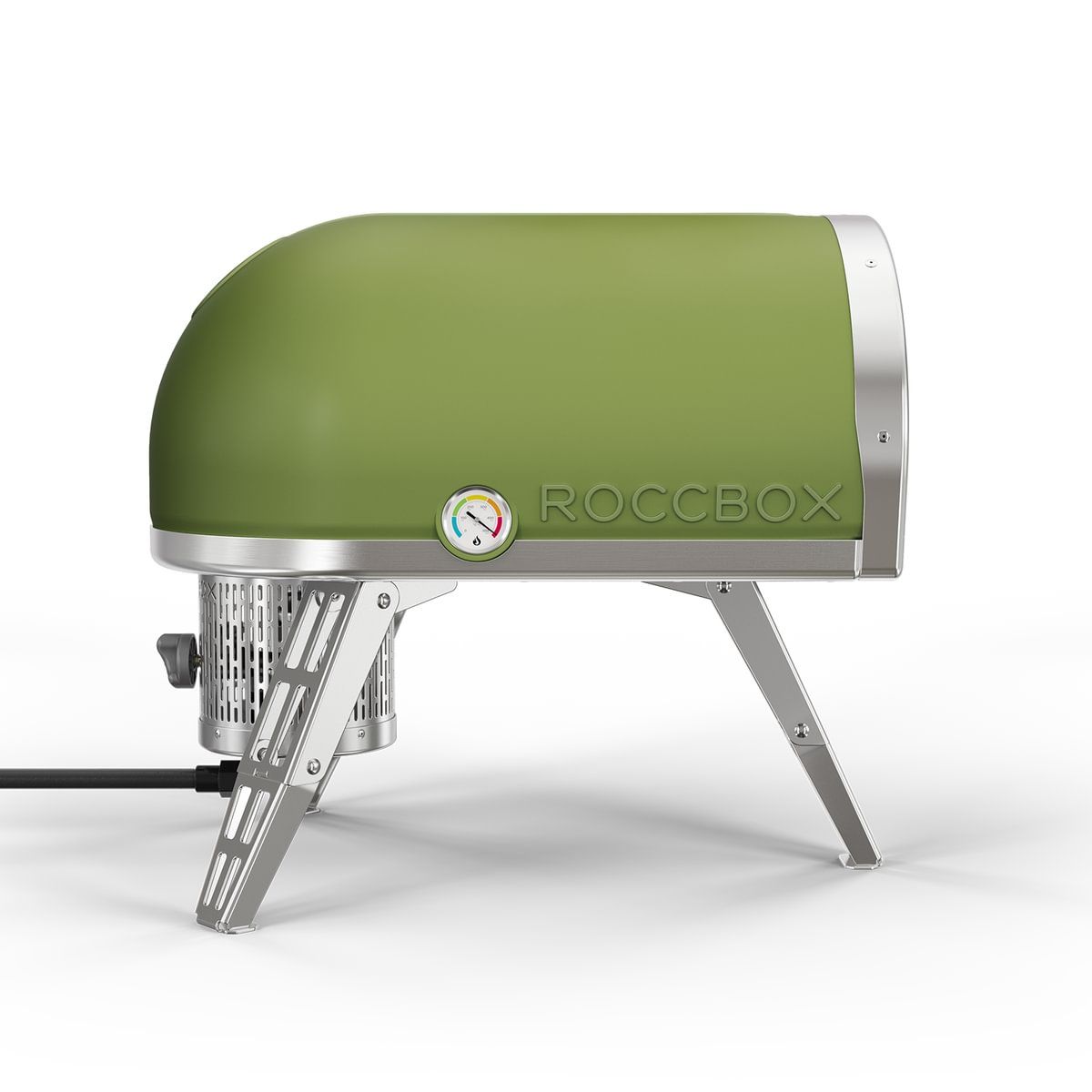 A green Roccbox Pizza Oven on a white background, featuring a metal body, folding legs, and a gas burner attachment on the right side.