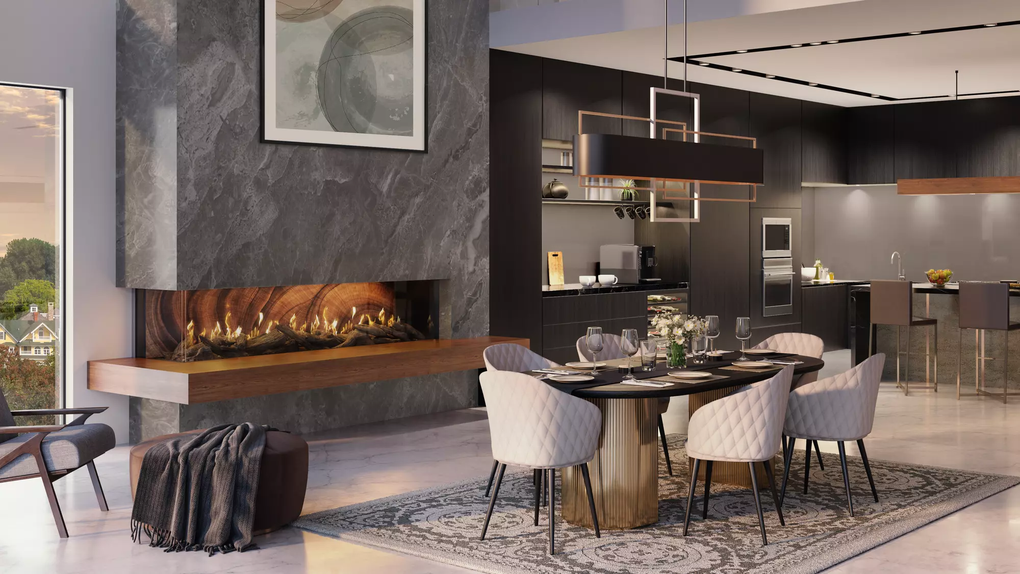A modern dining room featuring a large wooden table set for dinner, flanked by six white chairs on a gray patterned rug, with a stylish kitchen in the background and an Enlight Corner Gas Fireplace by