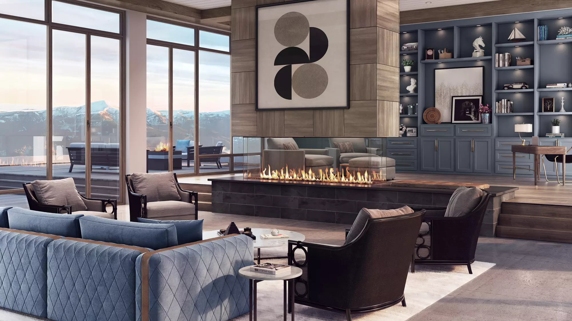 Luxurious living room interior with an Enlight Island Gas Fireplace by Stellar by Heat & Glo, dark wood features, gray and blue plush seating, decorated shelves, large windows with mountain views, and an abstract