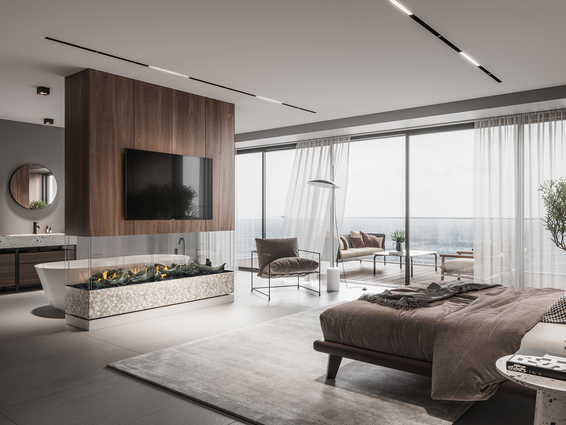 Modern and luxurious living room with a sleek fireplace, large windows offering ocean views, and minimalist decor. neutral tones dominate the space with plush seating and wooden accents.