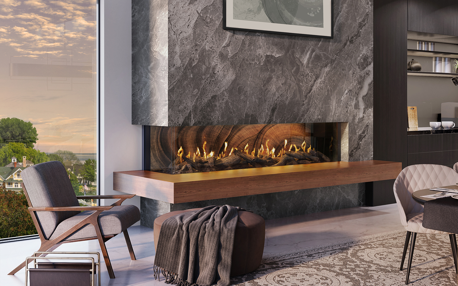 A modern living room featuring a sleek fireplace built into a gray marble wall, with a wooden mantle and visible flames, accompanied by stylish furniture including a chair, stool, and table.