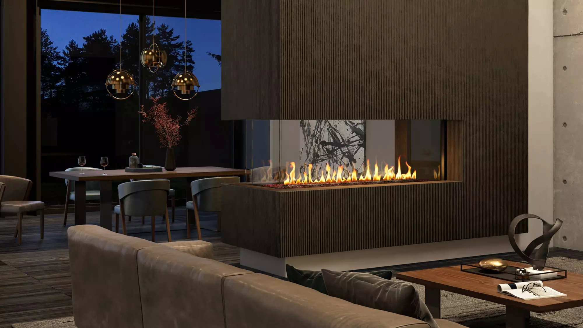 A modern living room at dusk with an Enlight Pier Three-Sided Gas Fireplace by Stellar by Heat & Glo, stylish furniture, and contemporary decor. Large windows overlook an outdoor scene.